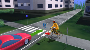 3. Tullessaan pyörätieltä ajoradalle pyöräilijän on väistettävä muuta liikennettä, sekä oikealta että vasemmalta tulevaa. Tässä risteystilanteessa pyöräilijä väistää risteävää liikennettä. Huomionarvoista siis on, että kyseessä on tasa-arvoinen risteys (ei kolmiota), mutta että pyöräilijä tulee pyörätieltä. Tämä on poikkeava käytäntö verrattuna jalankulkijaan, jota autoilijan kuuluu tällaisessa tilanteessa väistää.