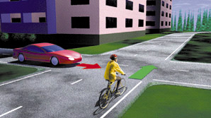 4. Ajoradalla pyöräilijä noudattaa normaaleja väistämissääntöjä, joissa tasa-arvoisessa risteyksessä väistetään siis aina oikealta tulevaa, elleivät liikennevalot tai muut liikennemerkit määrää toisin. Niin pyöräilijä kuin autoilija on velvollinen väistämään oikealta tulevia. Tässä risteystilanteessa autoilijan pitää siis väistää pyöräilijää, koska pyöräilijä tulee oikealta ja risteys on tasa-arvoinen (ei kolmiota).